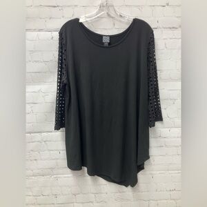 Clara Sun Woo Black Tunic with Mesh Sleeves Asymmetrical Hem Size 1X